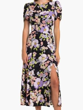 NWT AFRM Jamie Print Floral Midi Dress Slit Puff Sleeves Open Back Size M